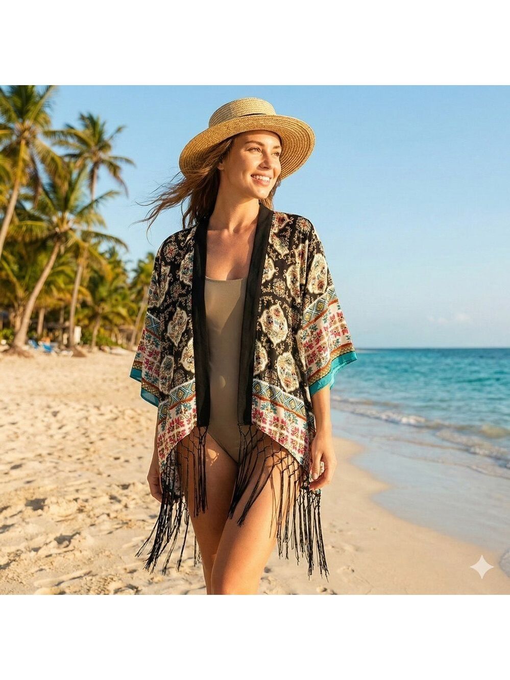 FLYING TOMATO Rayon Fringe Detail Kimono / Jacket / Coverup Open Front Sz M